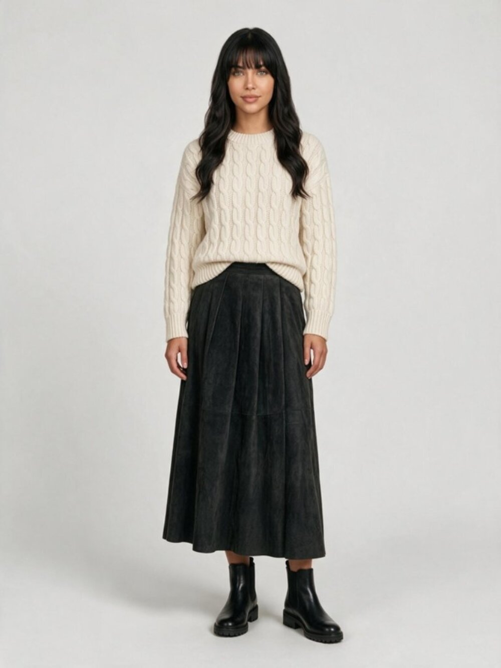 PAUW Amsterdam Vintage Black Suede Panel Pleated Maxi Skirt 90s W32"